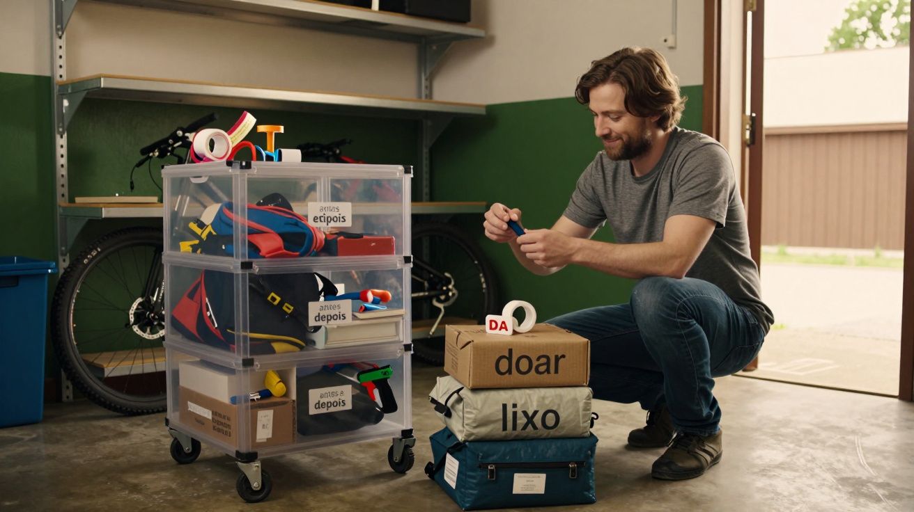 Homem ajoelhado organiza caixas no armazém, etiquetando itens para doar e guardar.