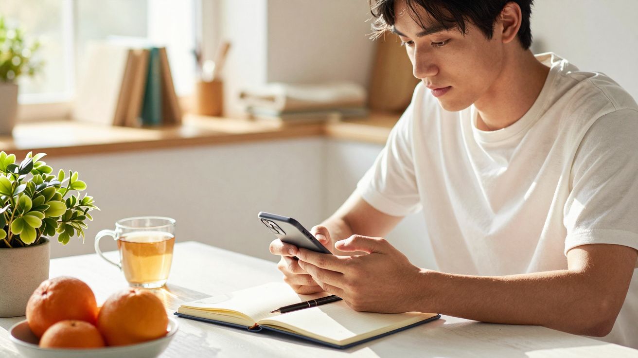 Jovem sentado à mesa, usando telemóvel, com chá e caderno abertos, perto de janela iluminada.
