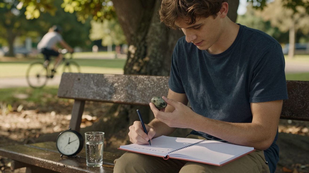 Jovem sentado no banco do parque, a escrever num caderno, com um relógio e um copo de água ao lado.