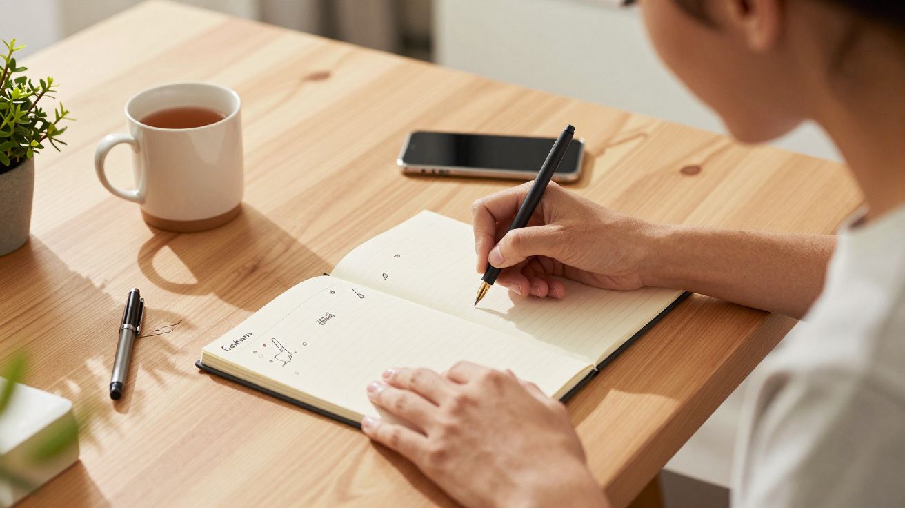 Pessoa a escrever num caderno numa mesa de madeira, com caneta, chá e telemóvel ao lado.
