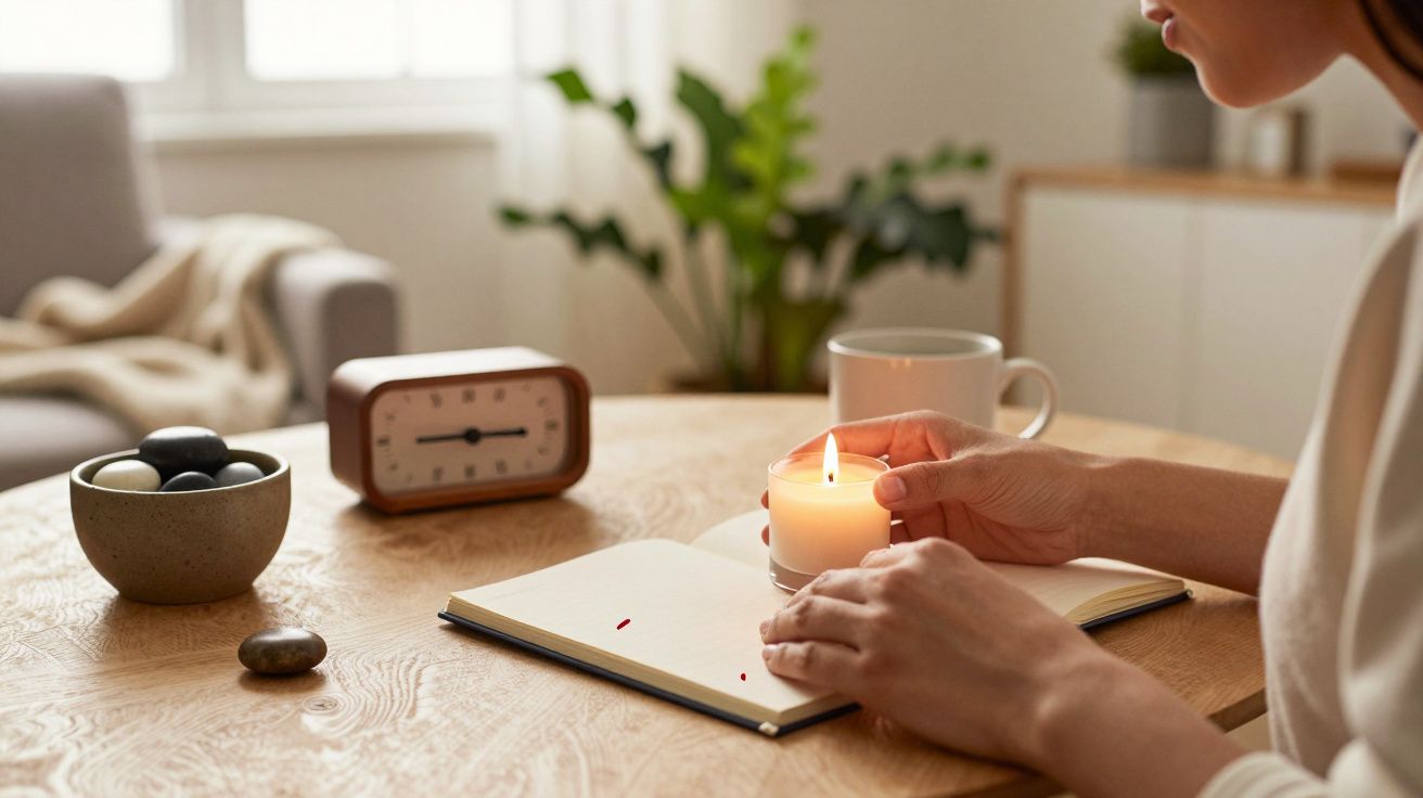 Mulher segurando vela acesa sobre mesa com caderno aberto, chávena, relógio e decoração zen. Ambiente sereno e acolhedor.