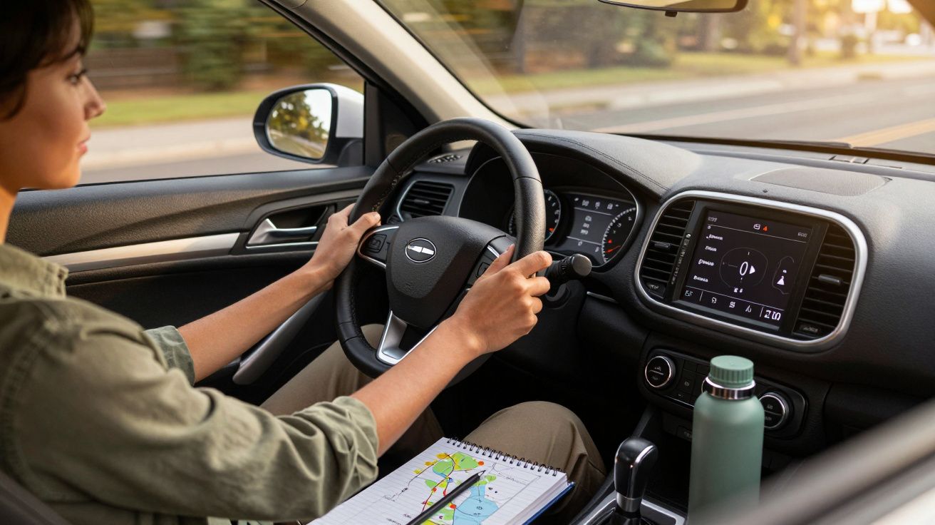Pessoa a conduzir um carro com mapa e garrafa ao lado, ecrã do rádio ligado e estrada na janela.