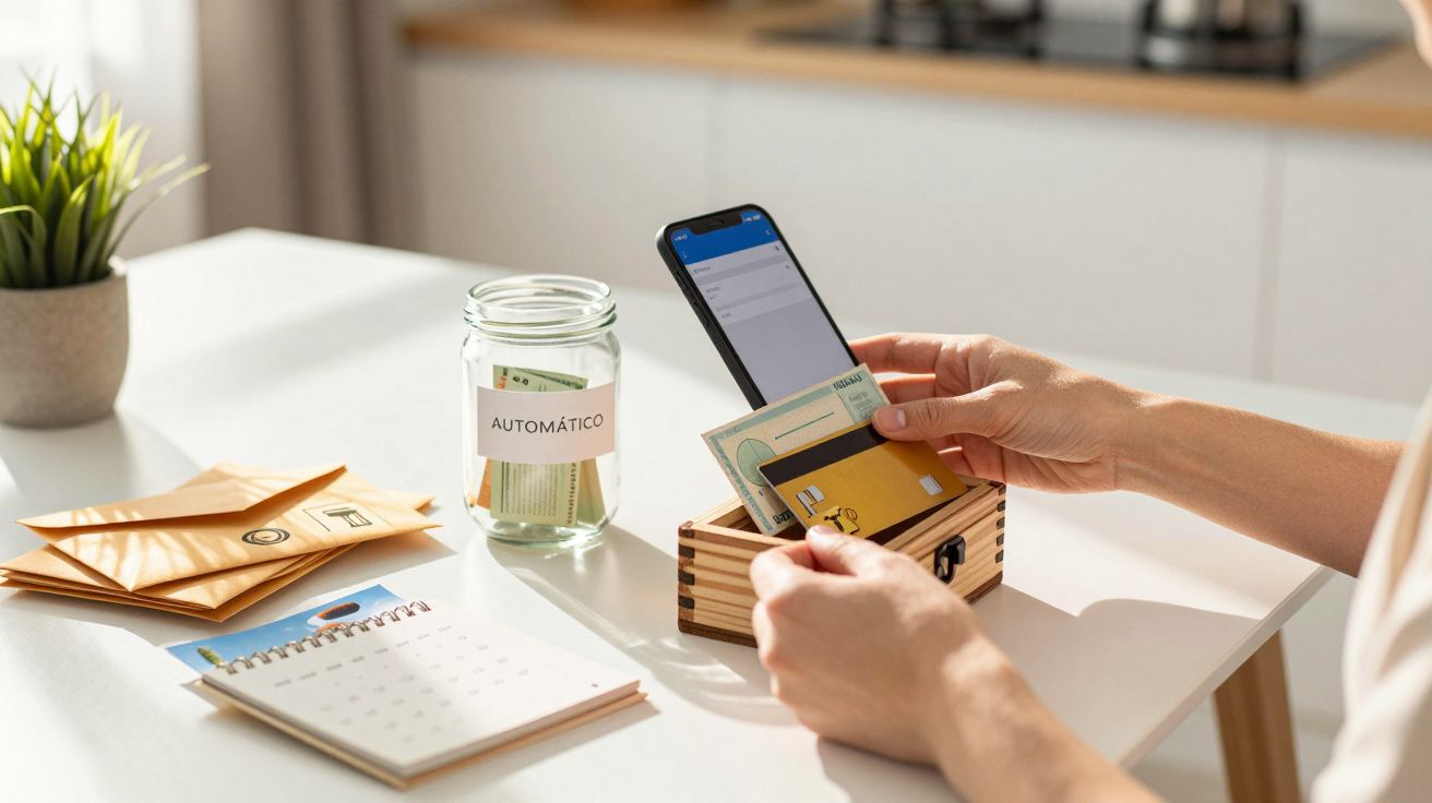 Pessoa organiza finanças numa mesa com smartphone, jarro com dinheiro e envelopes.