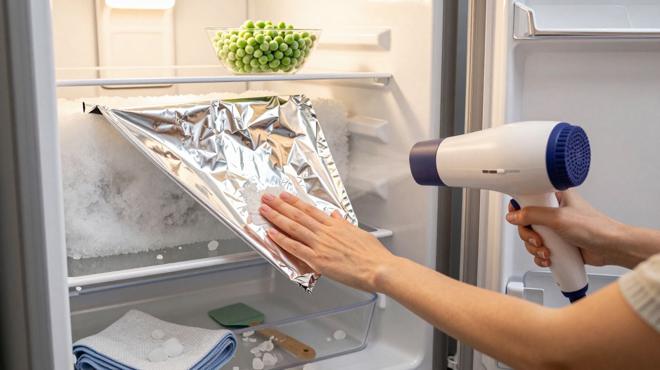 Pessoa descongela o frigorífico com folha de alumínio e secador de cabelo, tabuleiro com ervilhas no fundo.