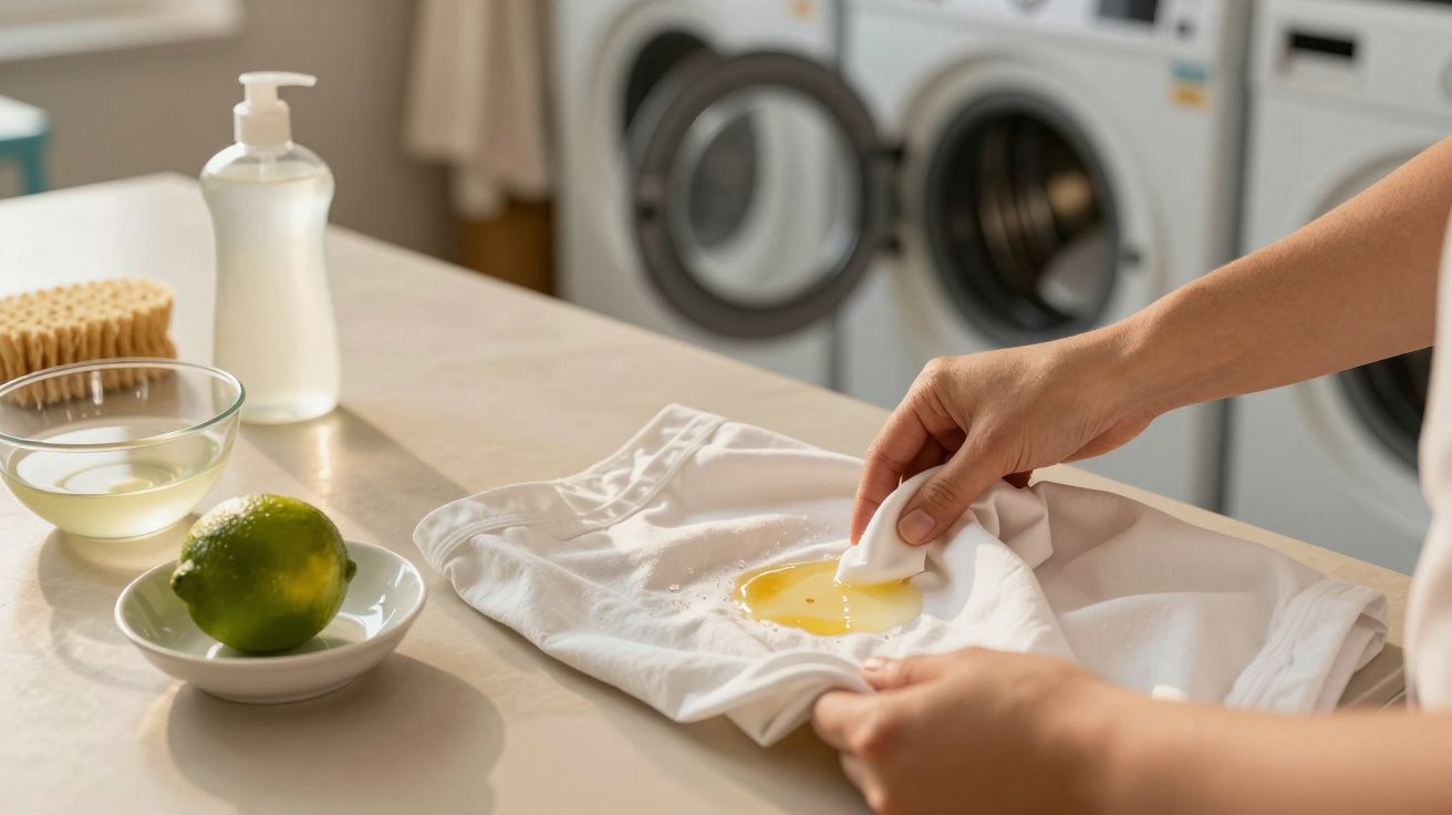 Pessoa limpa nódoa numa t-shirt branca com detergente, numa lavandaria com máquinas de lavar ao fundo.