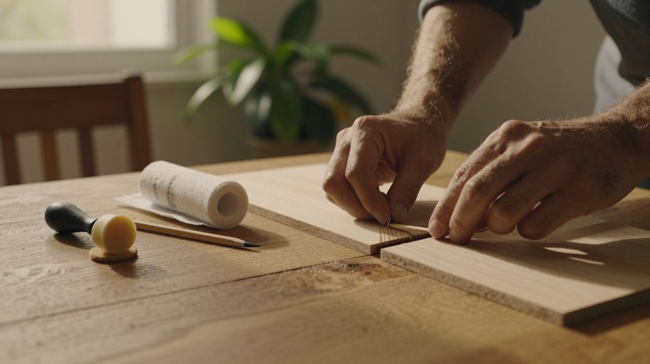 Mãos de homem trabalhando com madeira numa mesa, ao lado de uma planta e algumas ferramentas de carpintaria.