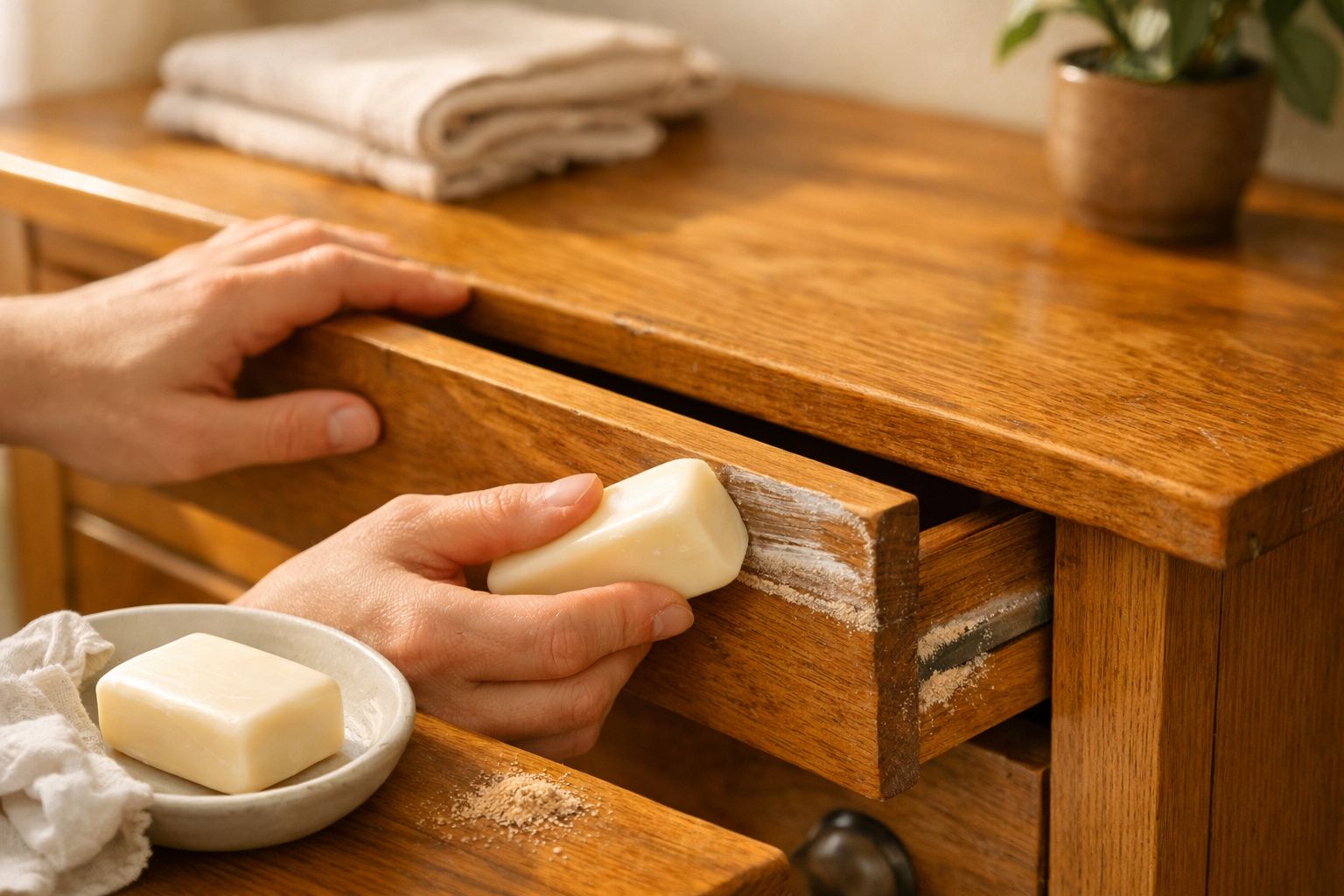 Mãos colocam um sabão em barra numa gaveta de madeira; planta e sabão em cima do móvel ao fundo.
