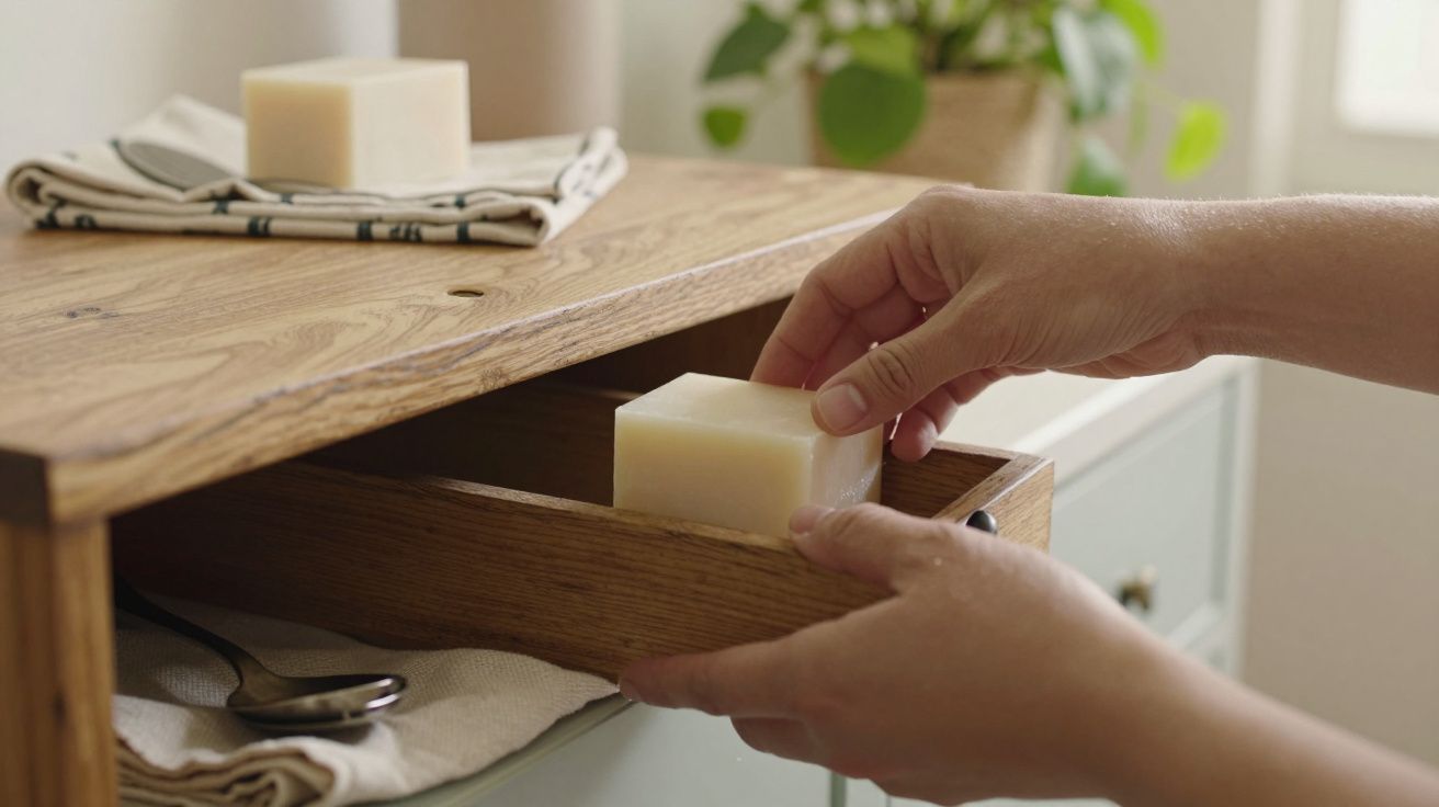 Mãos a colocar sabonete quadrado numa gaveta de madeira, numa mesa com toalha e planta ao fundo.