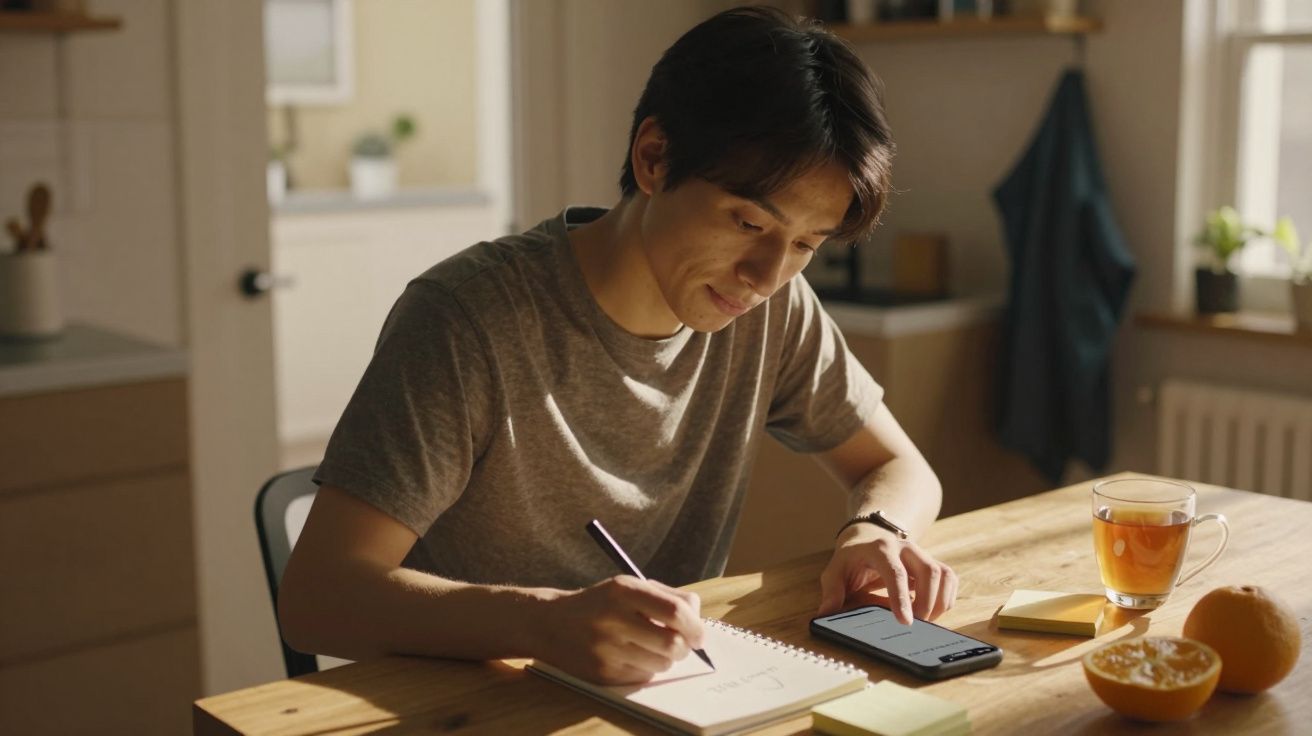 Pessoa escreve num caderno enquanto consulta o telemóvel. Mesa com chá e laranjas à luz do sol.