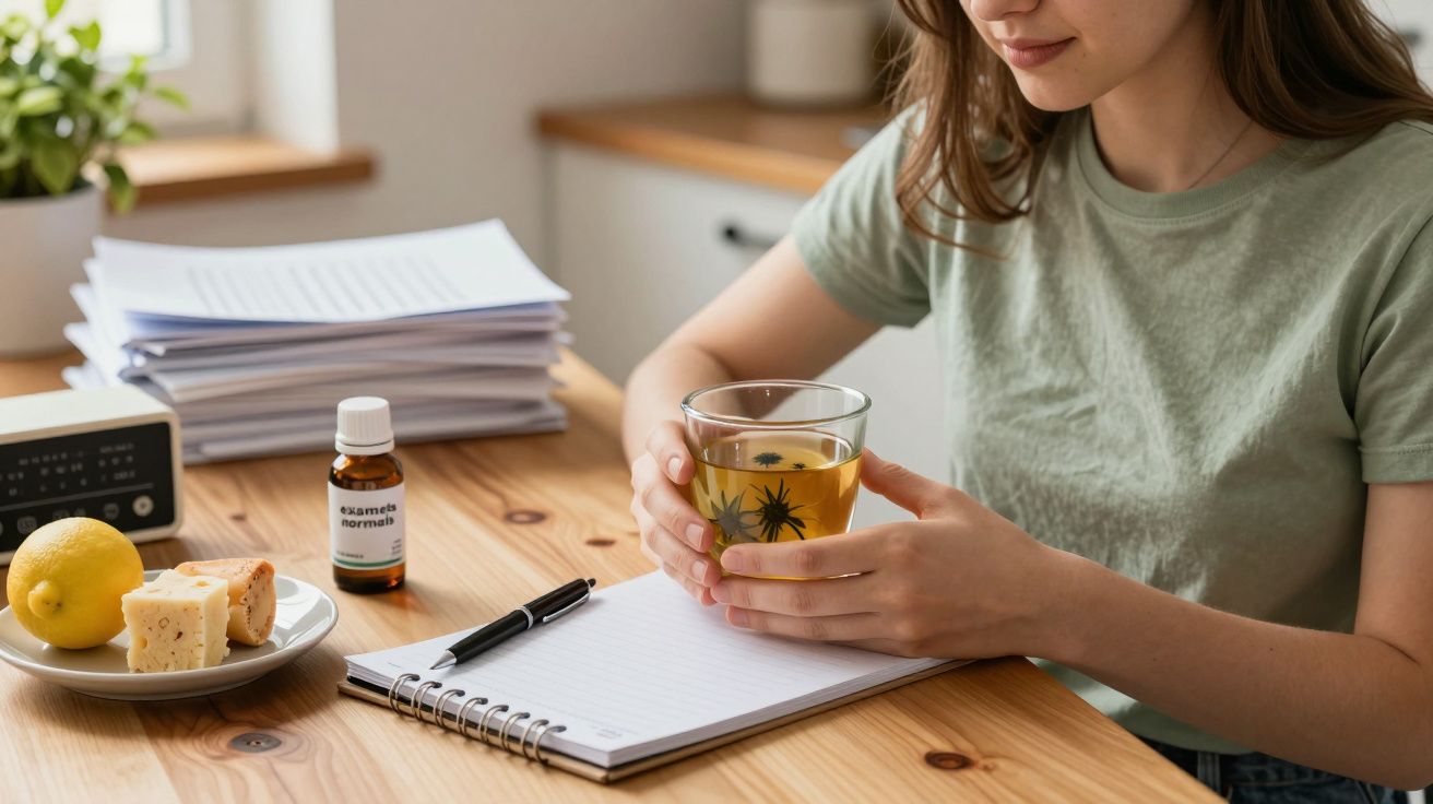 Mulher sentada à mesa com chá, bloco de notas, limão e medicamentos.