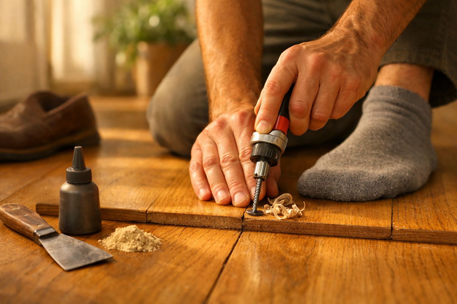 Pessoa montando um móvel de madeira, utilizando uma chave de fenda e uma régua sobre o chão de madeira.