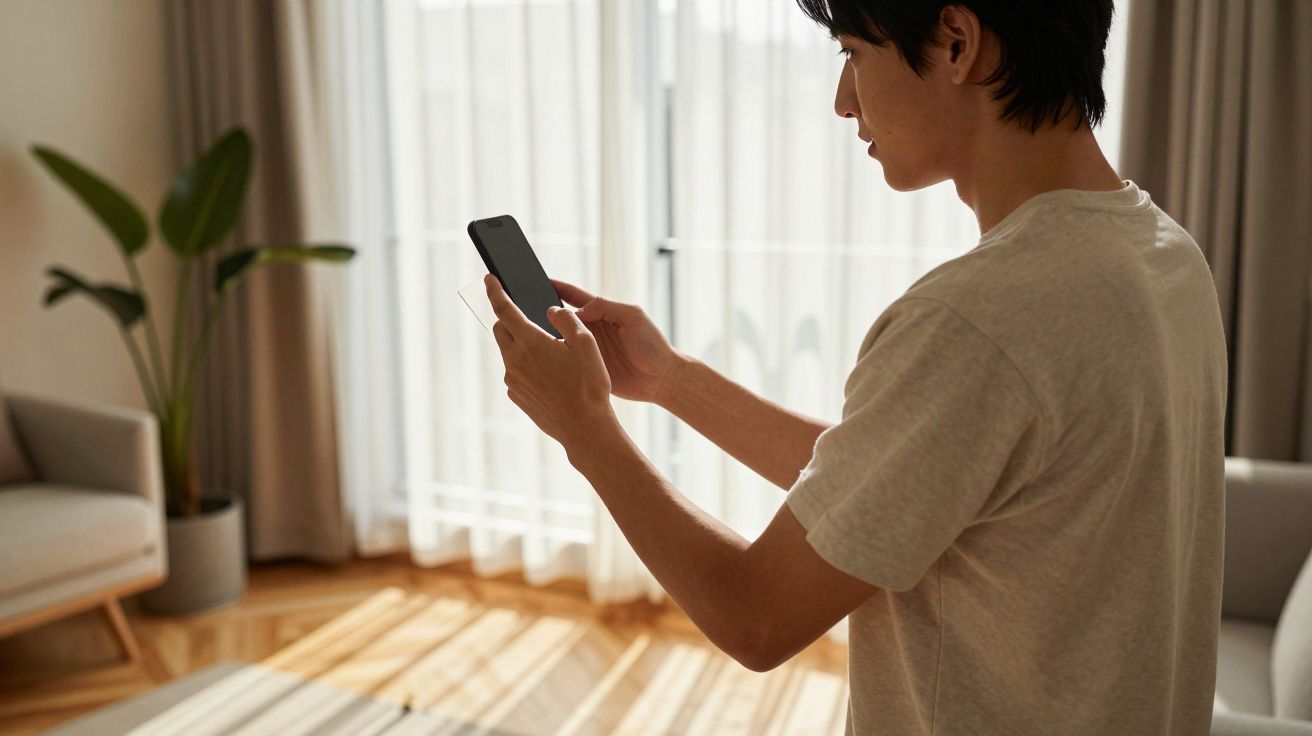 Pessoa de pé numa sala iluminada segurando um telemóvel, ao lado de uma janela com cortinas brancas e planta ao fundo.