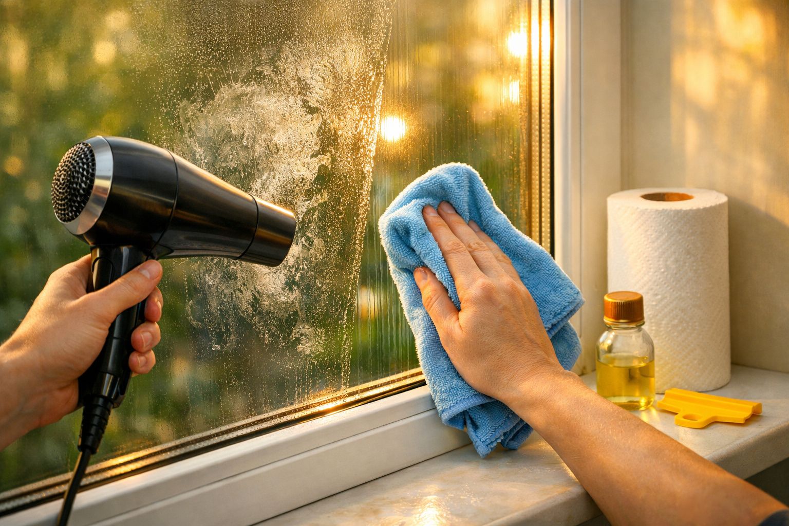 Secador de cabelo a derreter um círculo amarelo num papel. Pires com óleo, ralador e toalhete sobre a mesa branca.