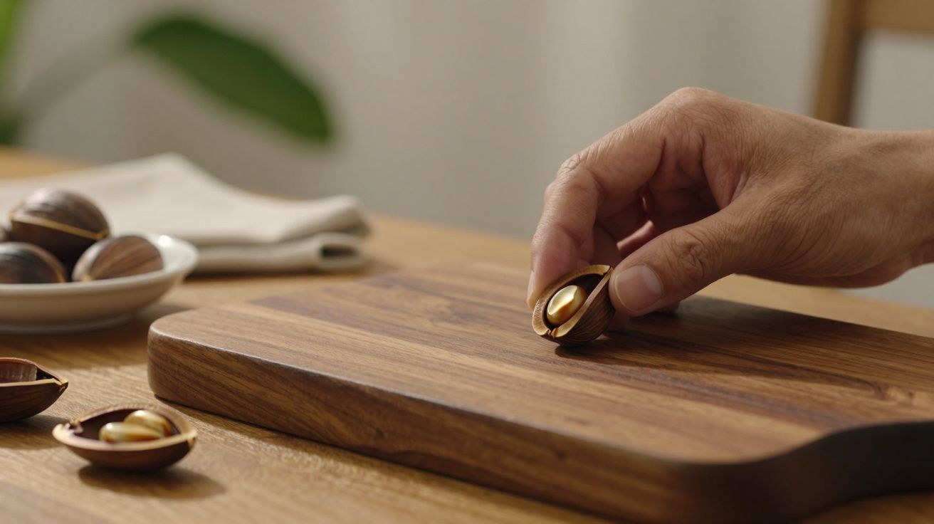 Mão segurando cápsula dourada em caixa de madeira numa tábua, prato e guardanapo ao fundo.