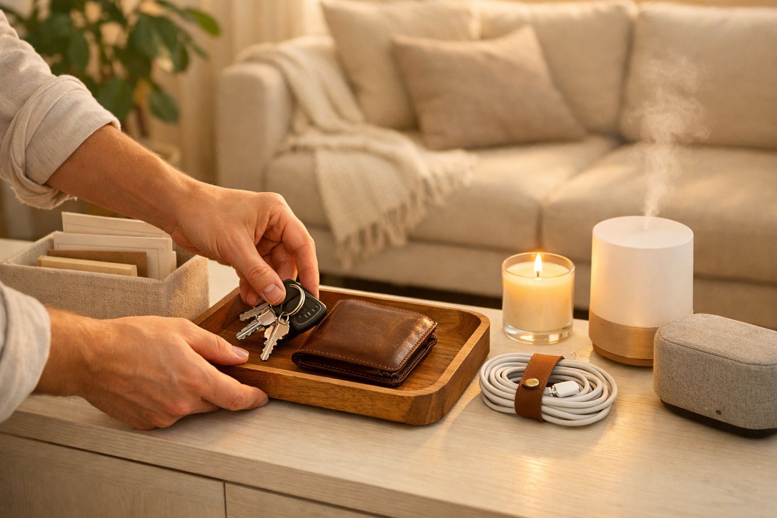 Mesa de madeira com tabuleiro, chávena de café fumegante, livros, e vaso com planta na sala iluminada.
