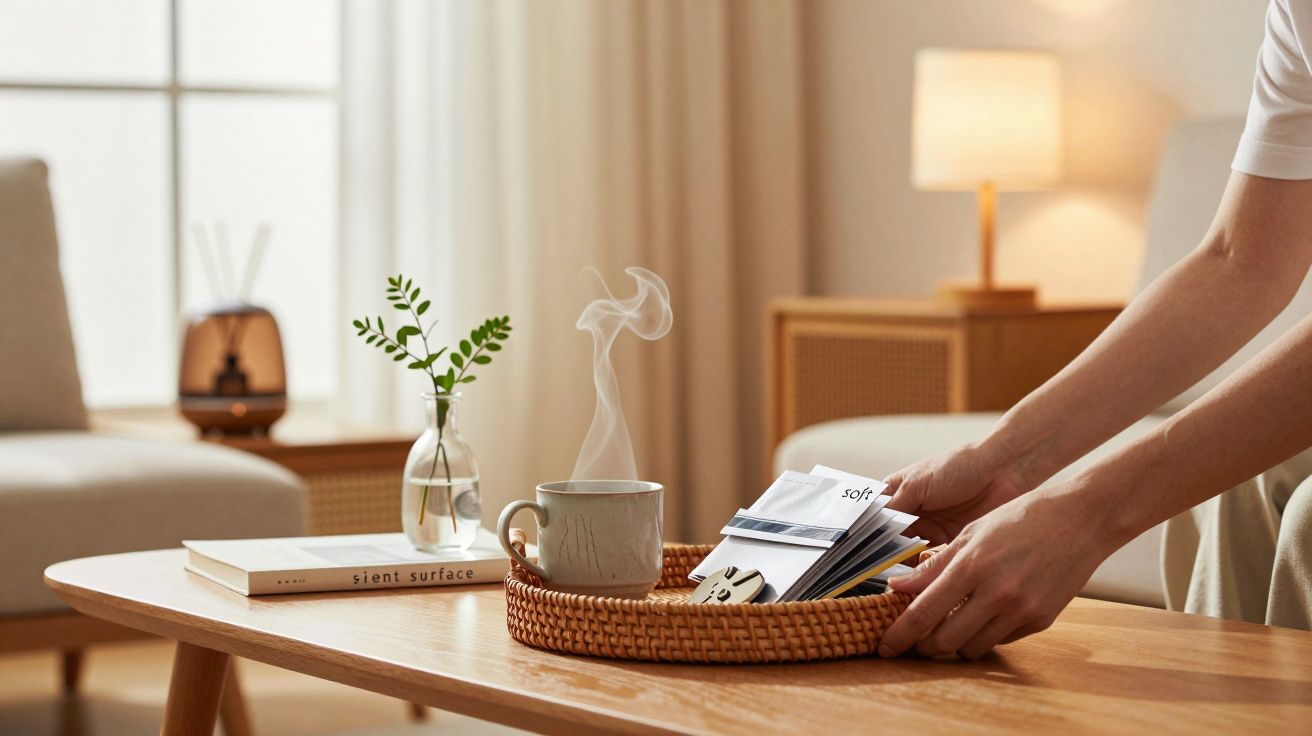 Mesa de madeira com chávena fumegante, jarra com planta e livro, numa sala de estar iluminada.
