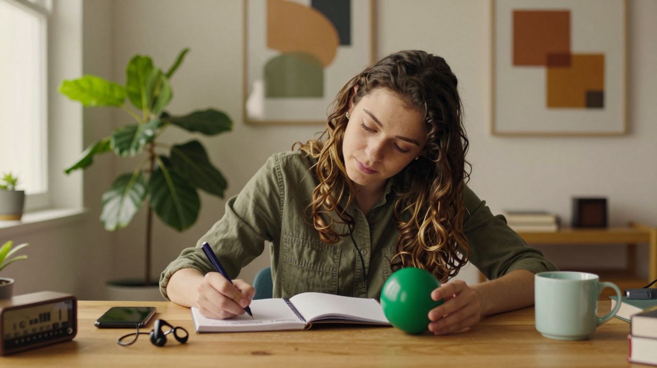 Mulher escreve em caderno à mesa, segurando uma bola verde. Planta e quadros ao fundo.