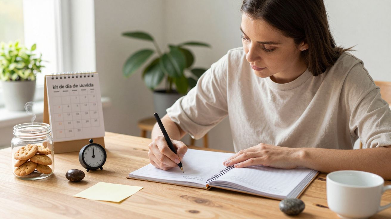 Mulher escreve num caderno numa mesa com biscoitos, relógio, chávena e calendário.