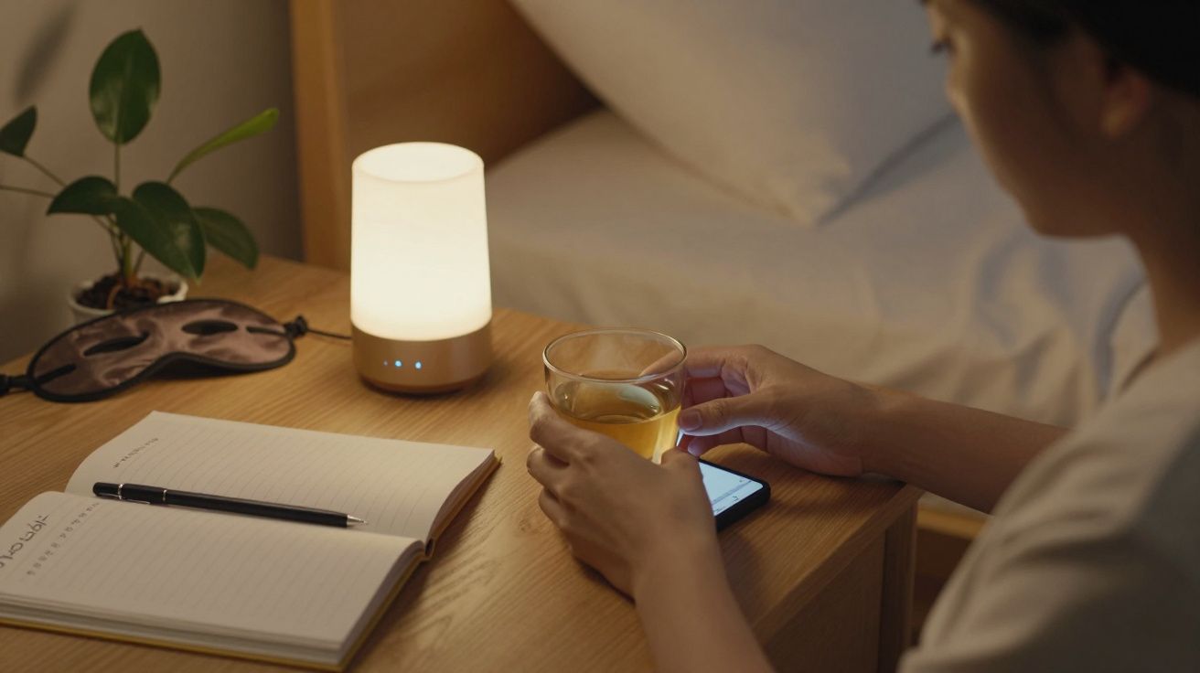 Pessoa numa mesa de cabeceira, segurando chá, com caderno, luz suave e telemóvel ao lado de cama.