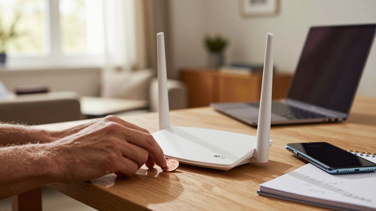 Pessoa ajustando um router Wi-Fi branco numa mesa de madeira ao lado de um telemóvel e computador portátil.