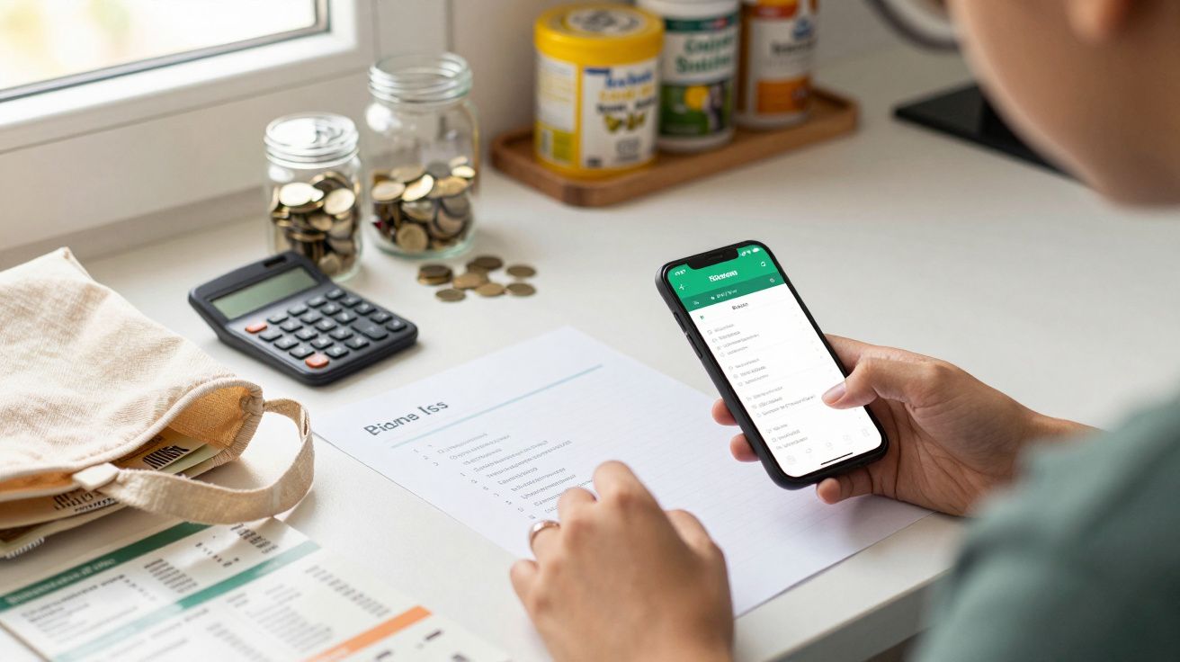 Pessoa a usar smartphone para gerir finanças, com calculadora, jarro de moedas e papel de planeamento financeiro na mesa.