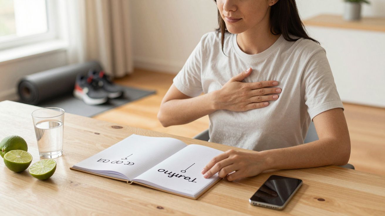 Mulher meditando à mesa com livro, copo d'água, limões e telemóvel. Braço esquerdo sobre o peito, ambiente sereno.