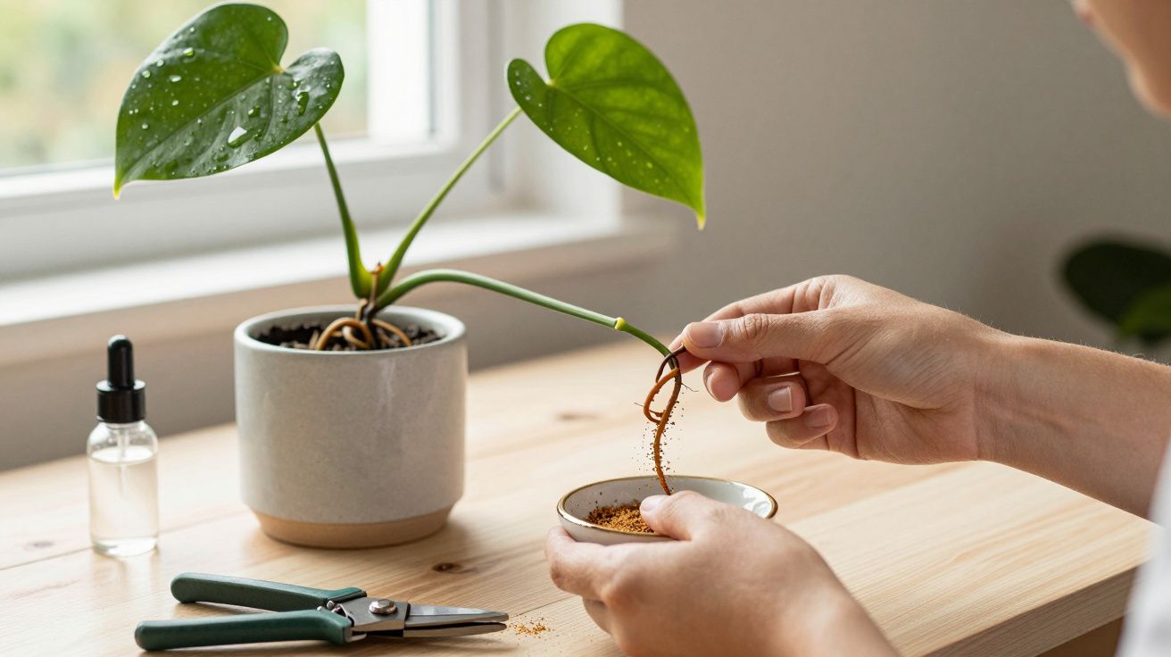 Pessoa cuida de planta com pó em recipiente, tesoura de poda e frasco no fundo, numa mesa de madeira.