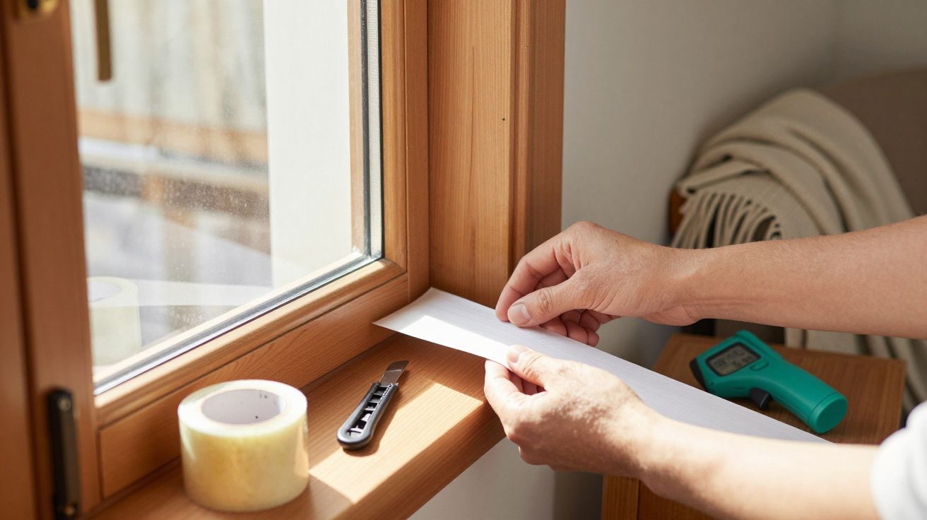 Pessoa aplicando fita isolante em janela de madeira com faca, rolo de fita e medidor ao lado.