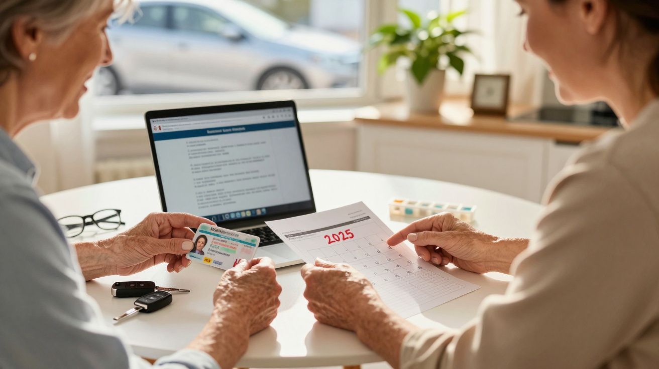 Duas pessoas à mesa, uma segurando um cartão de identificação, outra apontando para um calendário de 2025; portátil ao fundo.