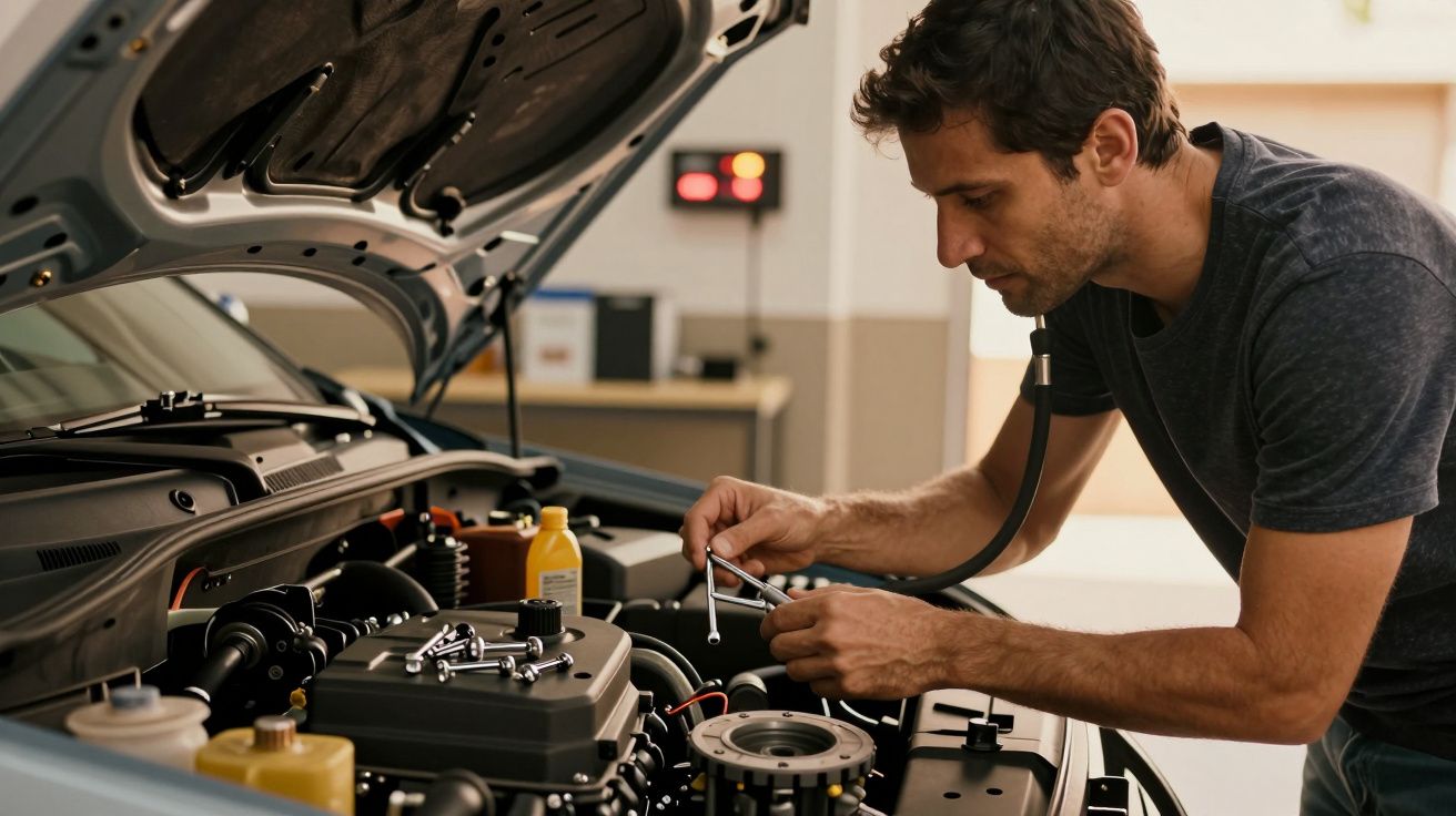Homem a realizar reparos no motor de um carro com a tampa aberta na oficina.