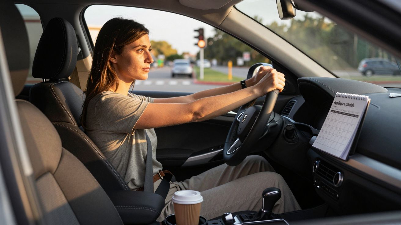 Mulher a conduzir carro, com copo de café e calendário no painel, sob luz suave do pôr do sol.