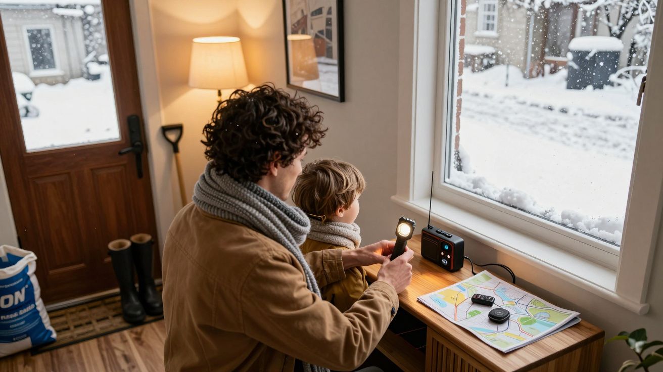 Pai e filho observam a neve pela janela, segurando uma lanterna. Rádio e mapa na mesa, botas de neve à porta.