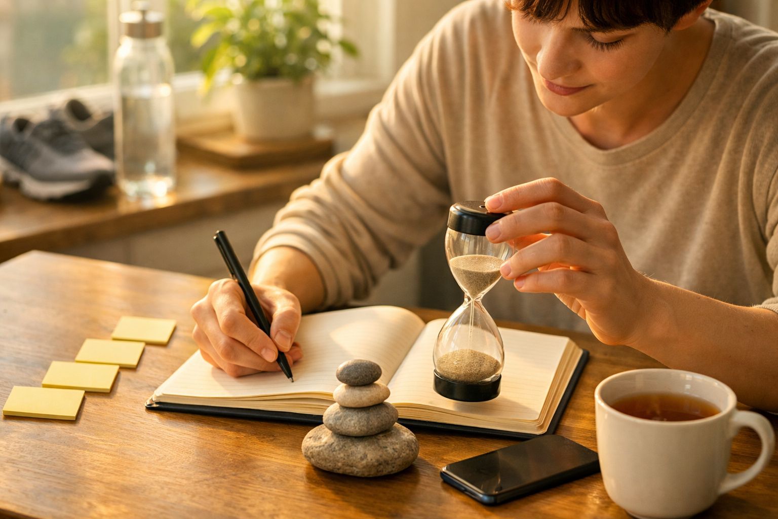 Mulher escreve num caderno sobre uma mesa com um relógio digital, um copo de água e cartões de notas.