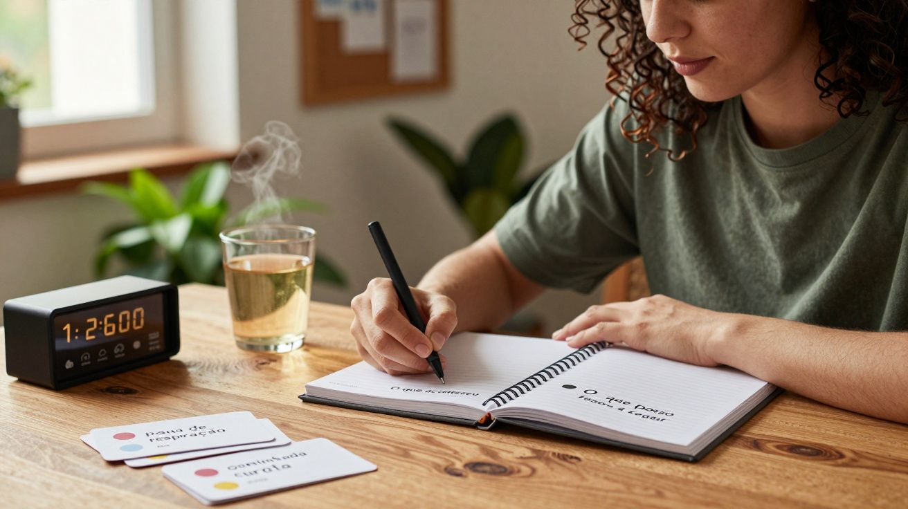 Mulher escreve em bloco de notas numa mesa de madeira. Ao lado, relógio digital, copo de água e cartões de tarefas.