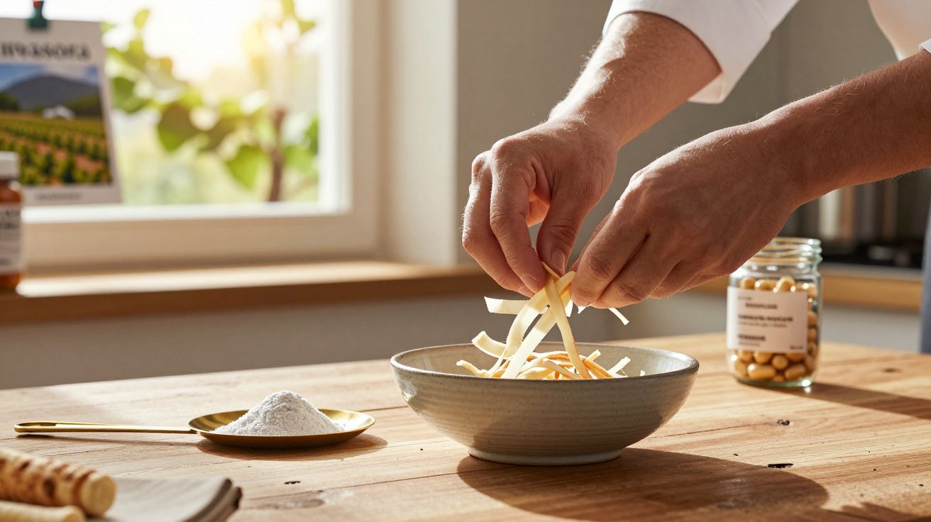 Mãos preparam massa fresca num prato de cerâmica numa cozinha iluminada pelo sol, com ingredientes em volta.