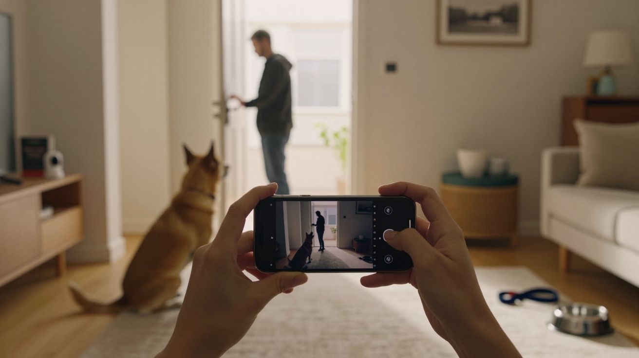 Pessoa tira foto de cão a olhar para homem à porta, na sala de estar com sofá e taça no chão.