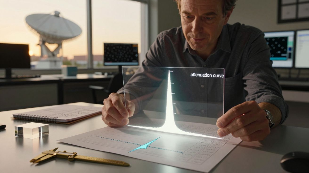 Homem analisa gráfico digital transparente num escritório com antena parabólica ao fundo.