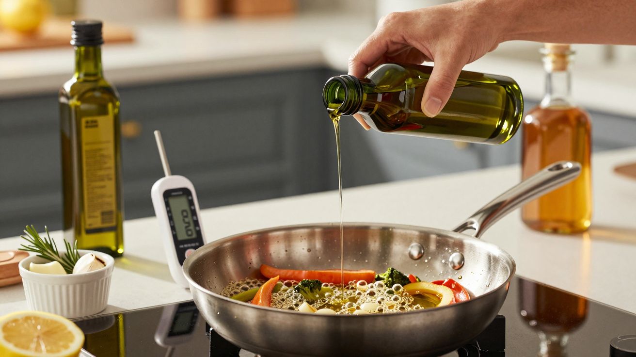 Mão a verter azeite numa frigideira com legumes, numa cozinha moderna.