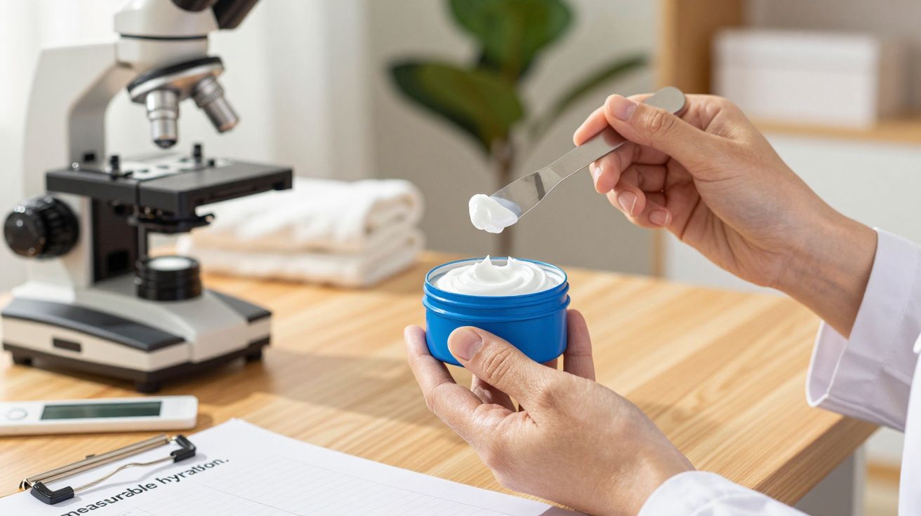 Pessoa segurando creme em frente a um microscópio, numa mesa de madeira.