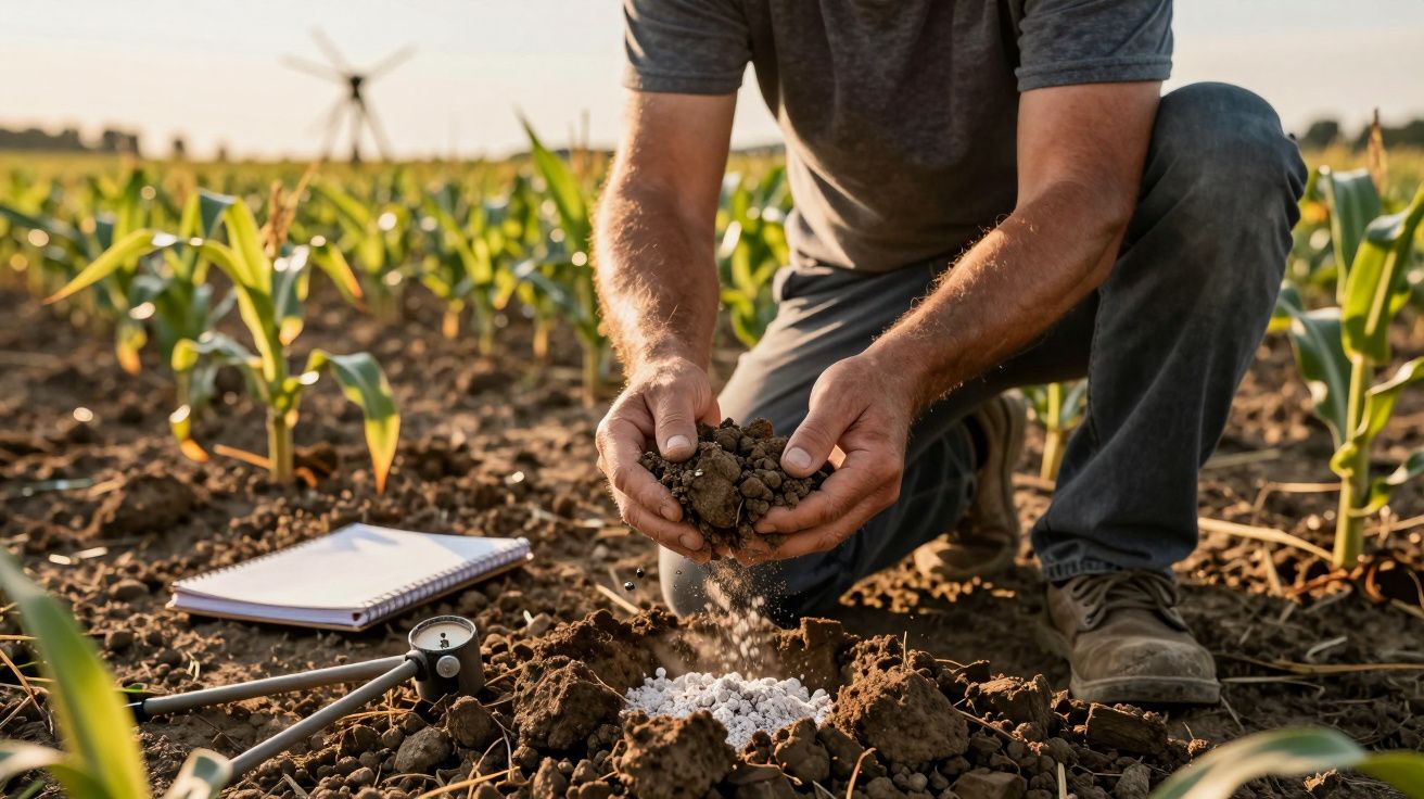 Agricultor a analisar solo em campo de cultivo, com bloco de notas e ferramenta de medição ao lado.