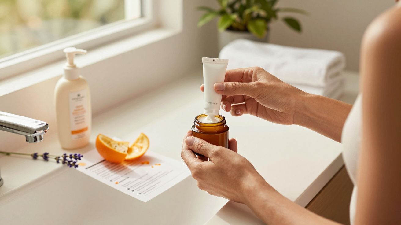 Pessoa aplicando creme de um tubo para um frasco no banheiro, com produtos, toalha e laranja cortada ao redor.