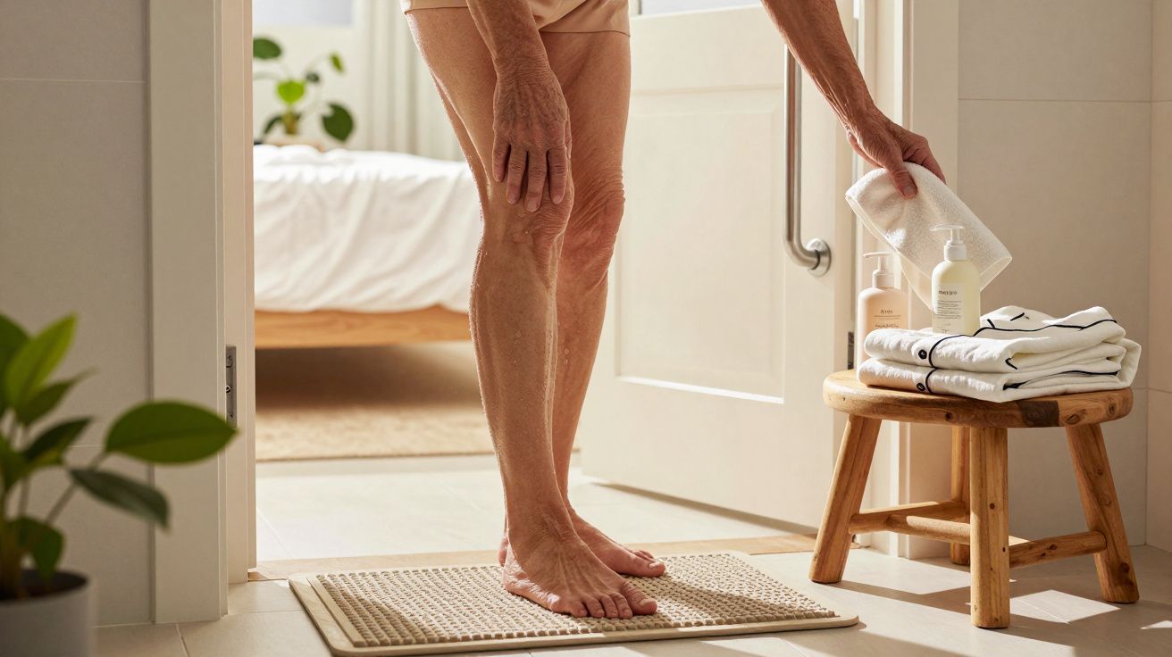 Pessoa de pé numa casa de banho, segurando toalha ao lado de banquinho com produtos de higiene e toalhas dobradas.