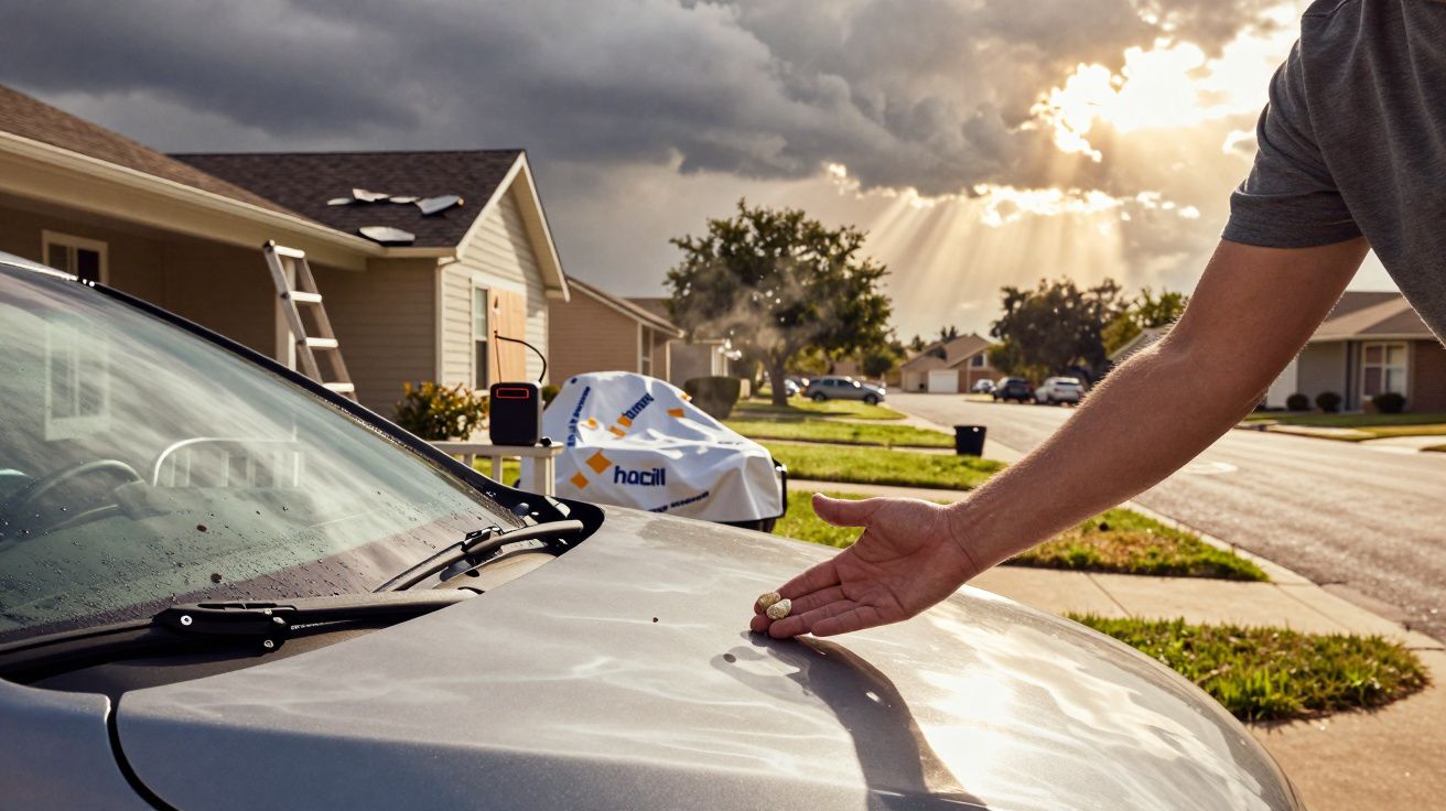 Pessoa examina danos de granizo no capô de um carro com céu nublado ao fundo.