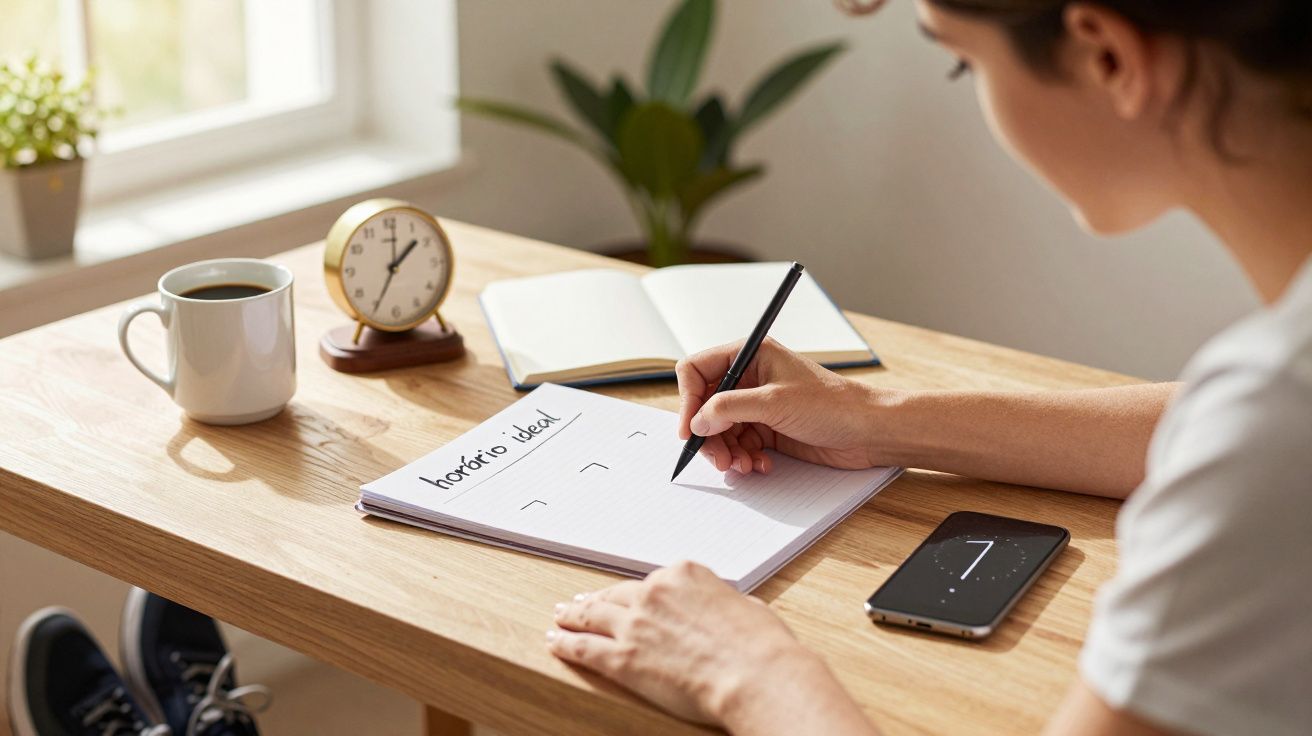 Mulher a escrever num caderno sobre uma mesa com um café, telemóvel e relógio ao lado, perto de uma janela.