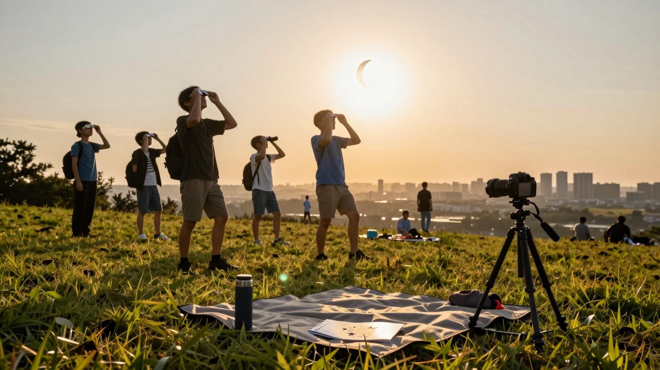 Grupo de pessoas observa eclipse solar num prado, com cidade ao fundo.