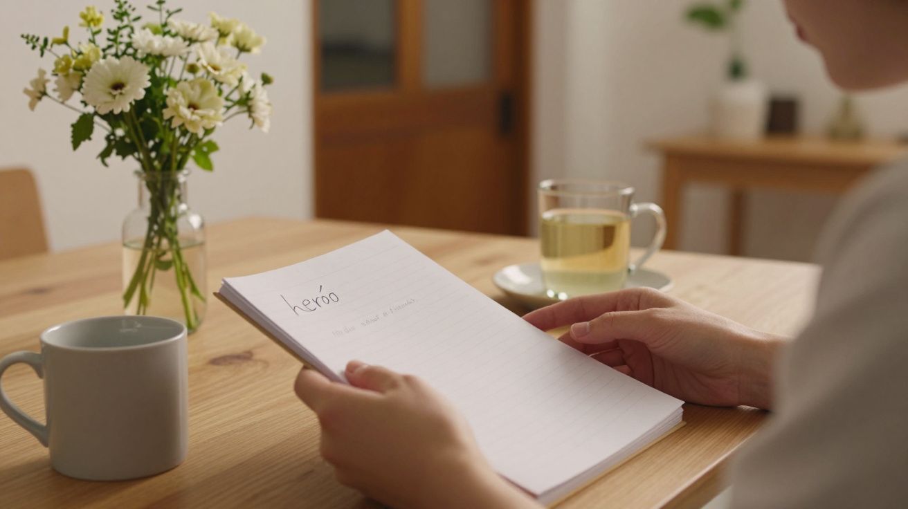 Pessoa segura um caderno com a palavra "Hello" escrita, ao lado de chá e flores sobre uma mesa de madeira.