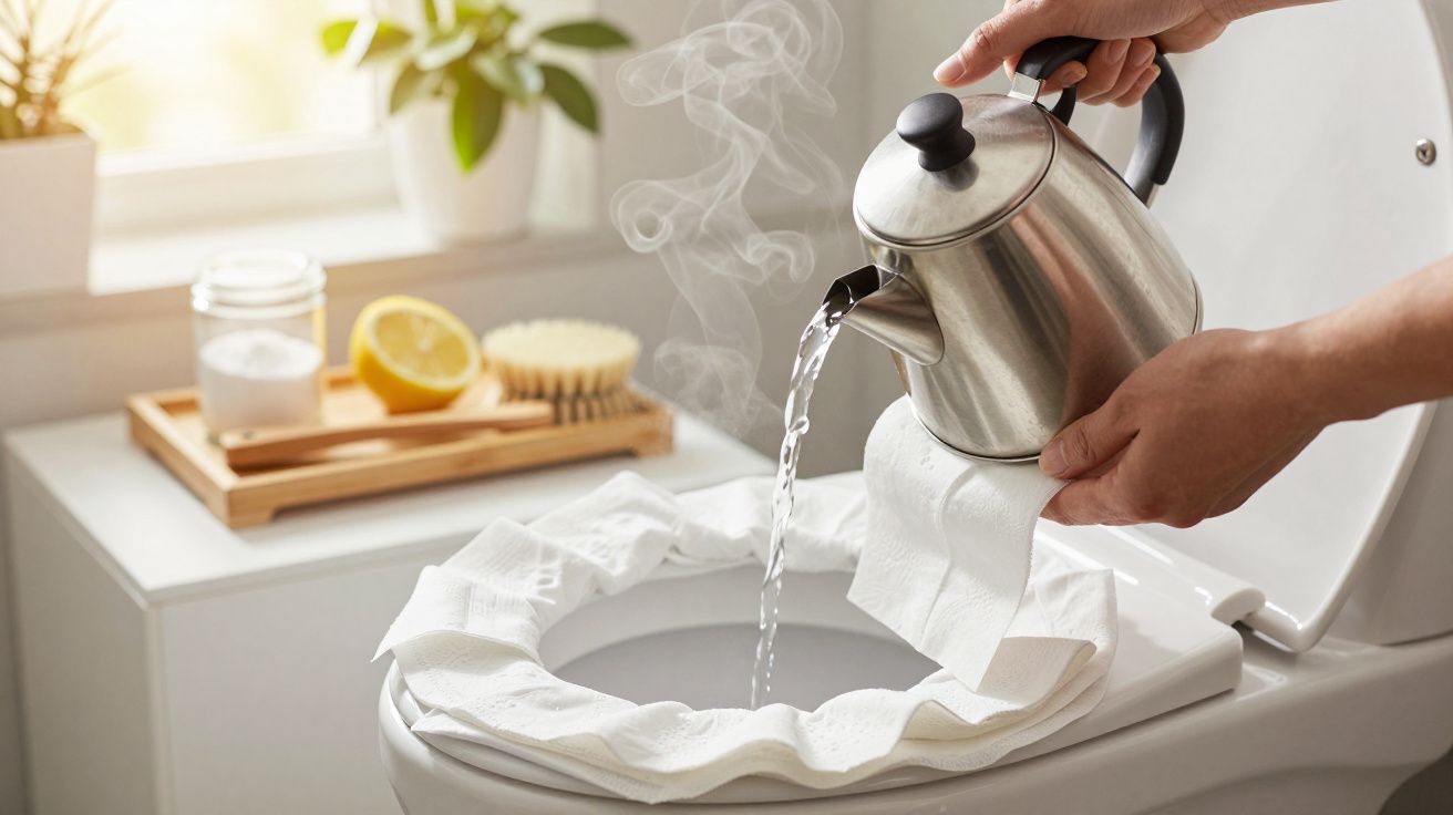 Pessoa despeja água quente numa sanita coberta com papel higiénico, com plantas e uma escova ao fundo.