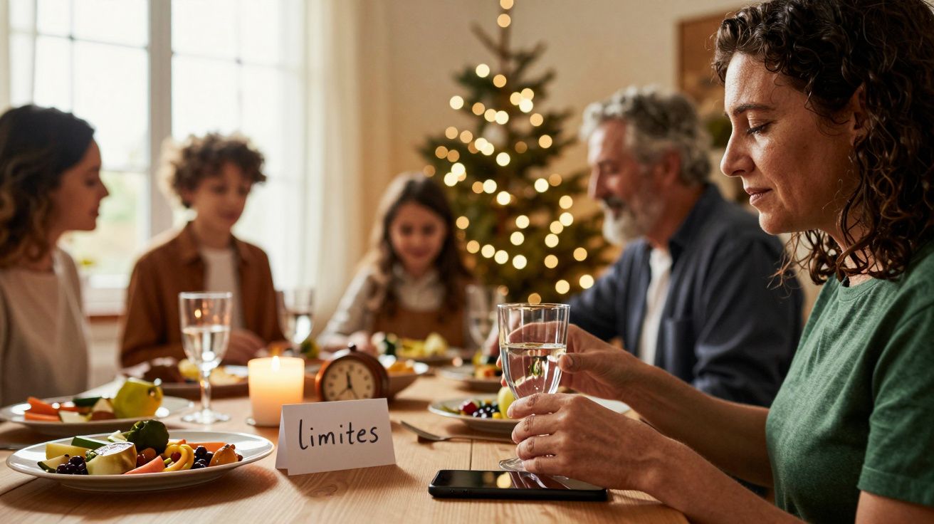 Grupo de pessoas à mesa de jantar, decorada com comida e velas, à frente de uma árvore de Natal decorada.