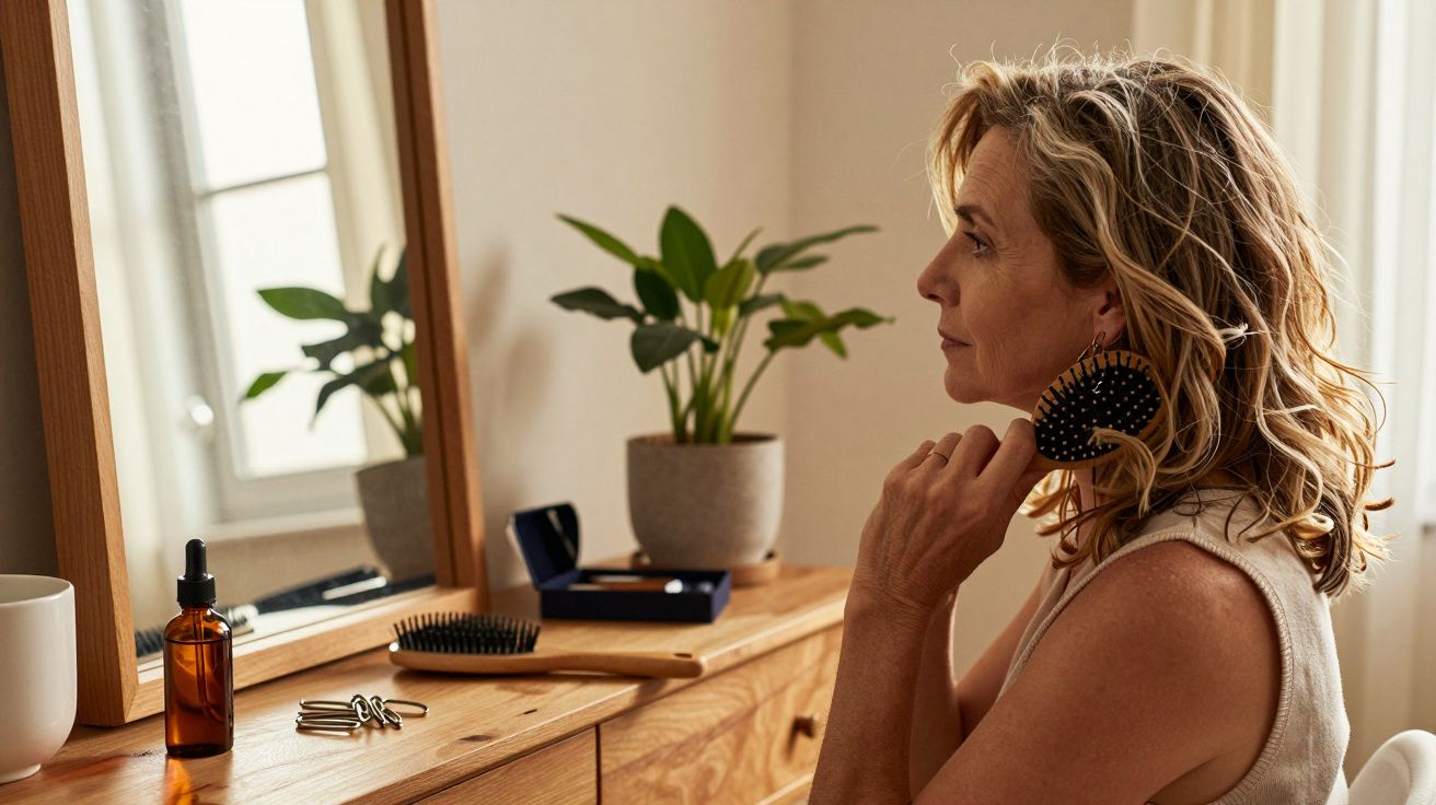 Mulher a arranjar o cabelo em frente ao espelho, com plantas e acessórios de cabelo sobre a cómoda de madeira.