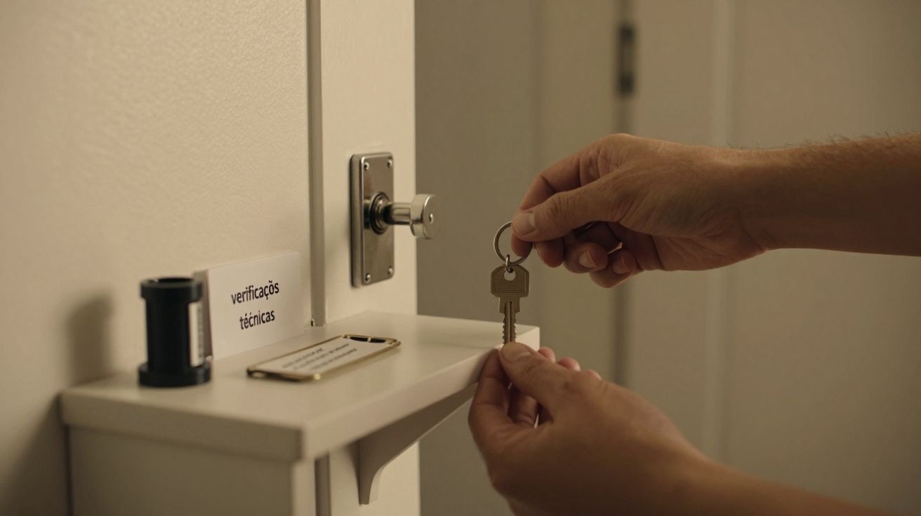 Mãos segurando chave ao lado de uma porta, com prateleira contendo objeto e cartão de "verificações técnicas".